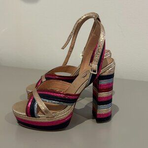 Metallic Gold Platform Sandal with Multicolor Stripe Heel - Women